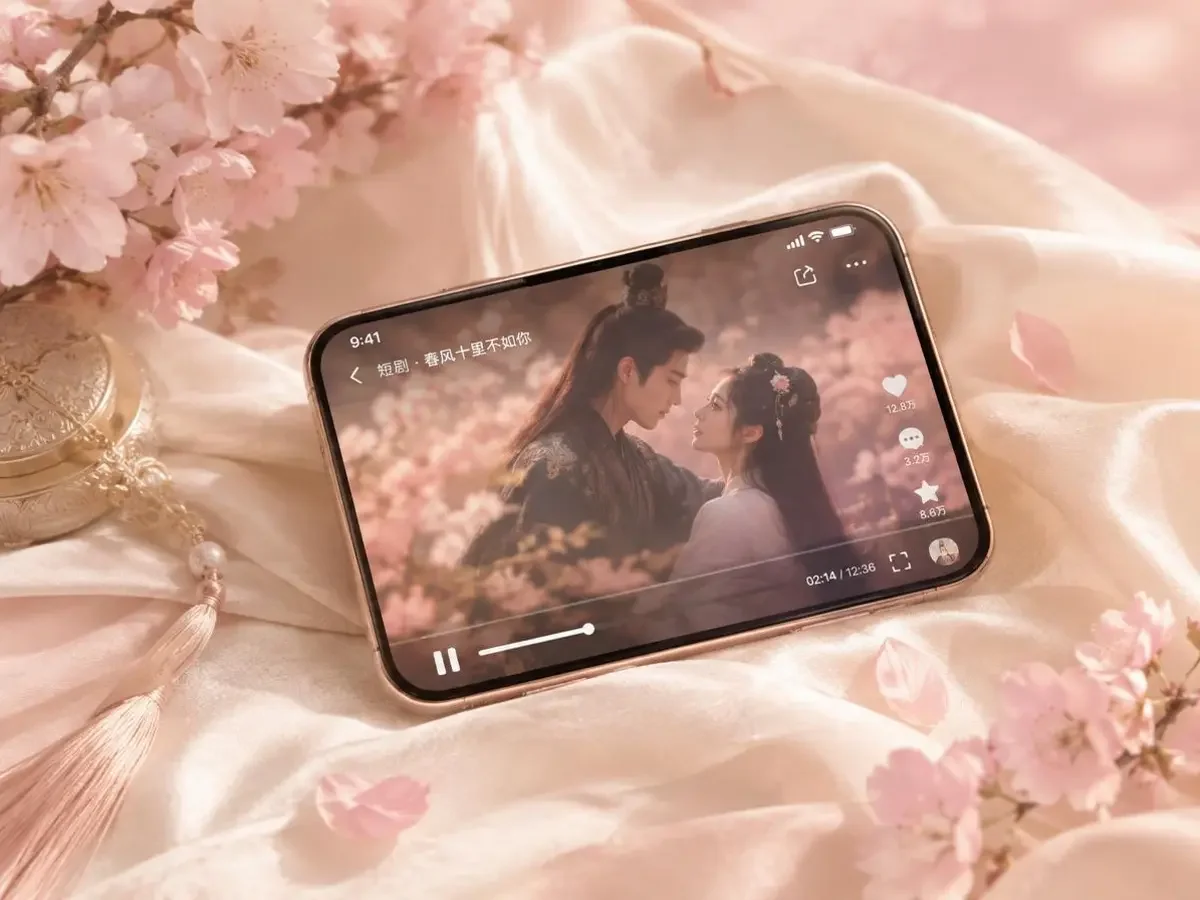 黄豆视频 APP 手机播放界面与樱花卷轴背景