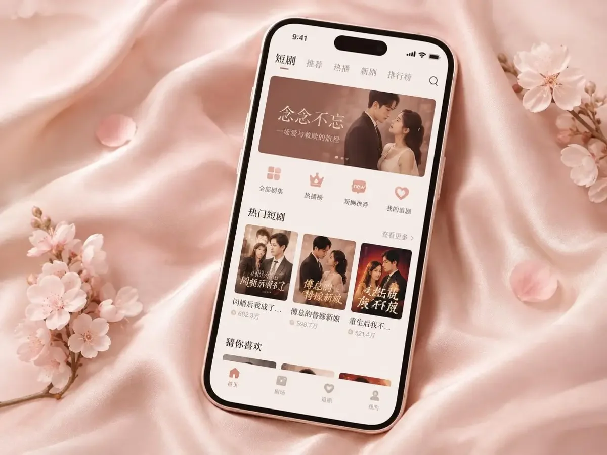 黄豆视频 APP 手机界面与樱花卷轴场景图